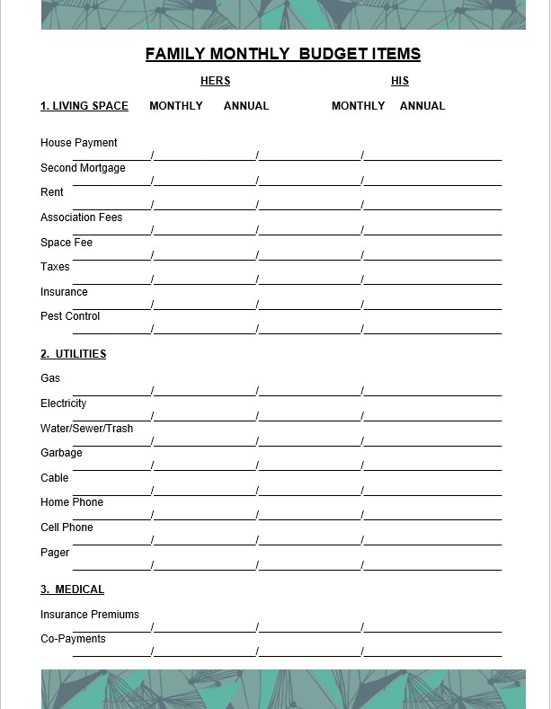 family monthly budget template