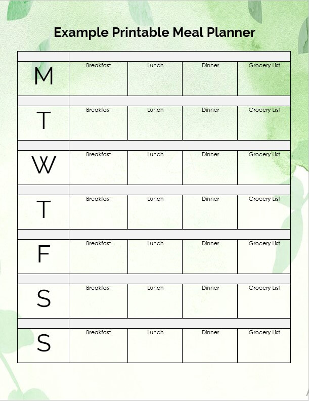 Example printable meal planner