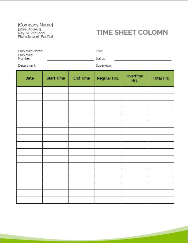 Printable Time Sheet Colomn