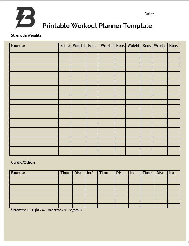 Table Workout Planner Template