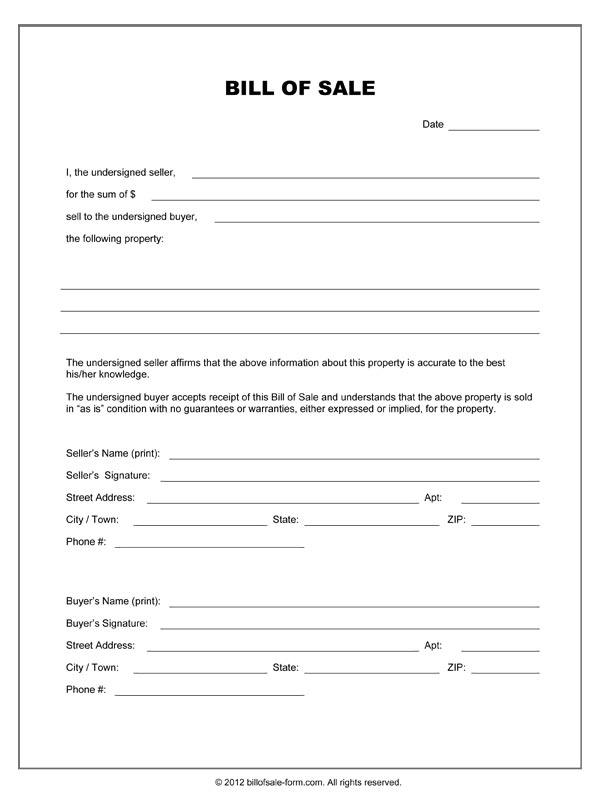 bill of sale form free printable blank bill of sale form