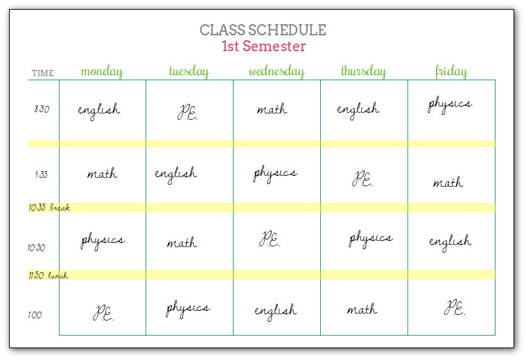 class schedule printable girlish class schedule example