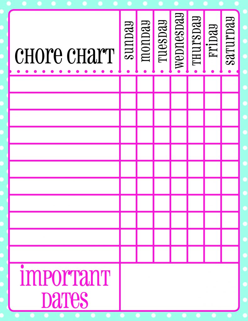 printable chore charts for teens girl chore chart
