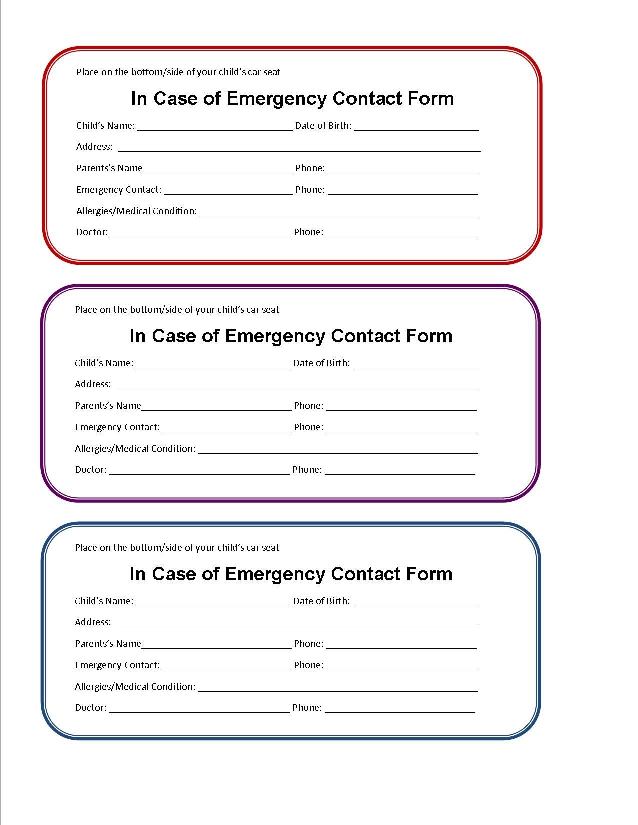 printable emergency contact form for car seat | Cub scouts 