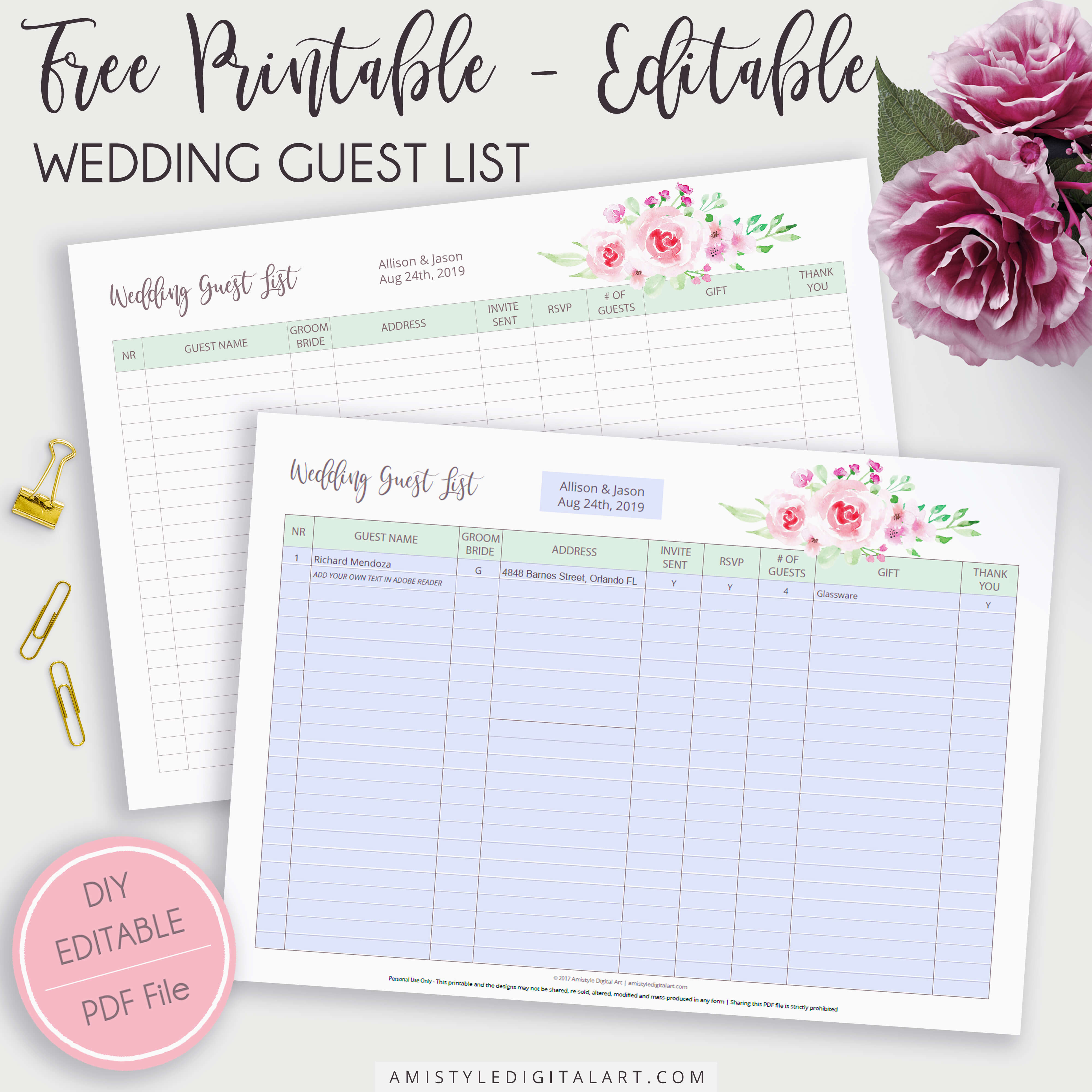 Free Editable Printable Wedding Guest List | Amistyle Digital Art