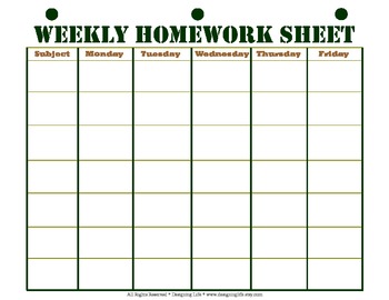 Weekly Homework Sheet Printable by Designing Life | TpT