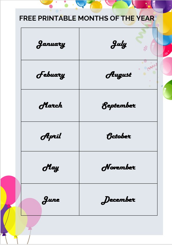 ballon printable months of the year