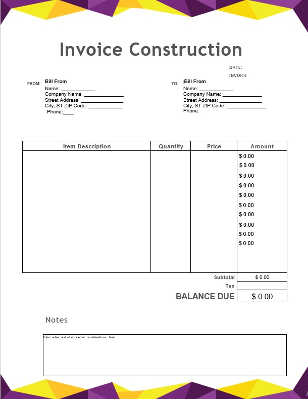 invoice construction template Printable