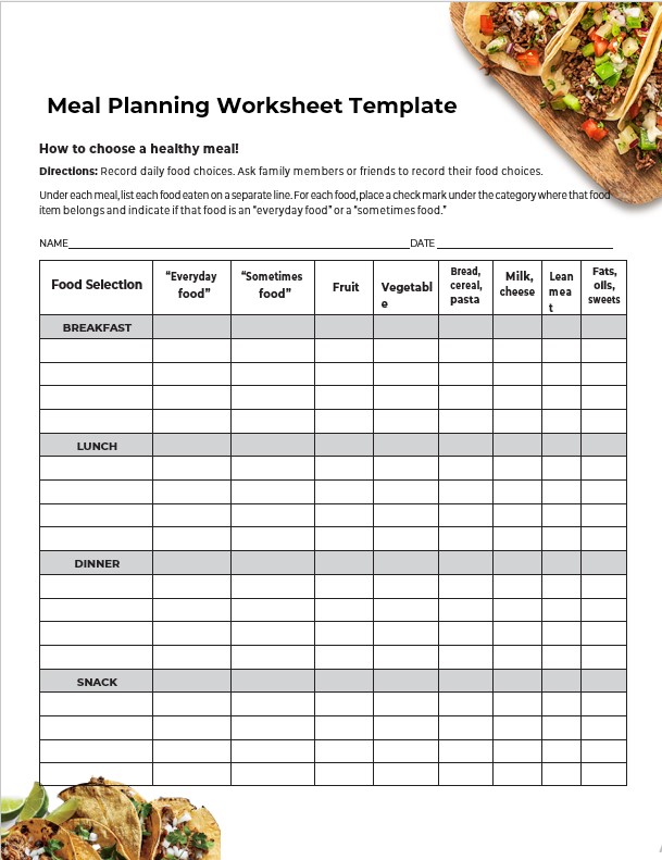 Meal Planning Worksheet Template