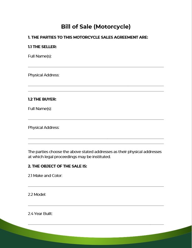 Blank Bill of Sale for Motorcycle Template