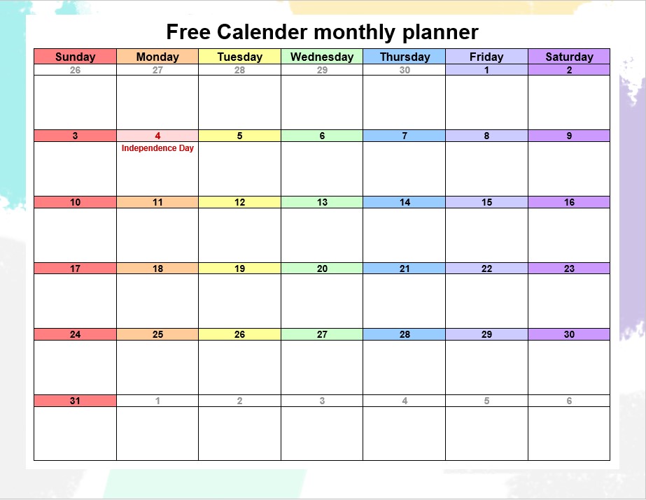 Free Calender monthly planner