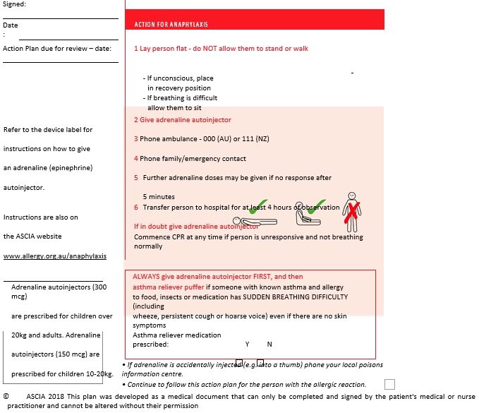 Sample ASCIA Action Plan Anaphylaxis Generic Red