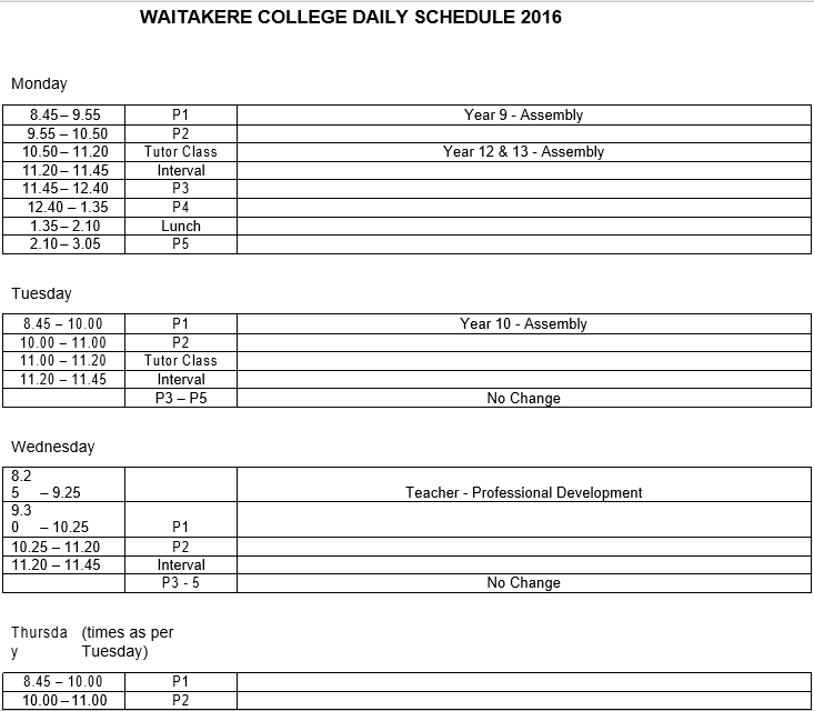 Sample Waitakere College Daily Schedule