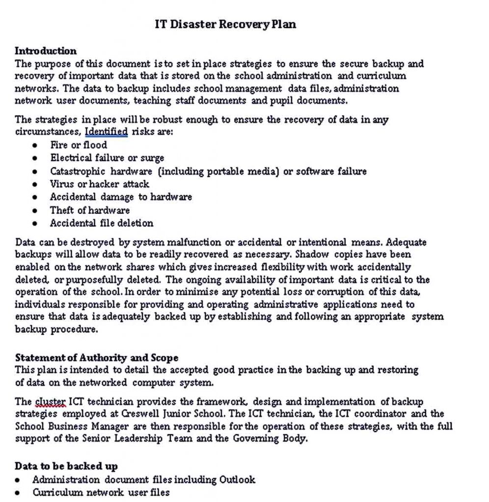 School IT Disaster Recovery Plan Template