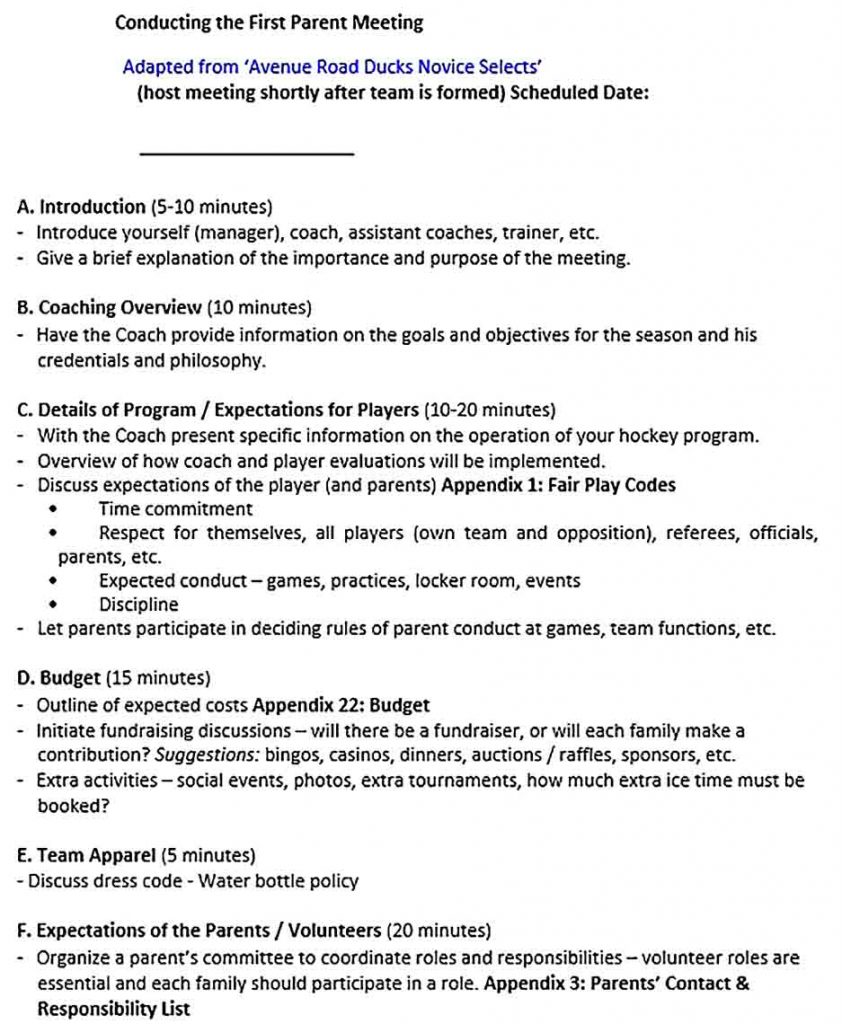 Templates First Parent Meeting Outline Sample