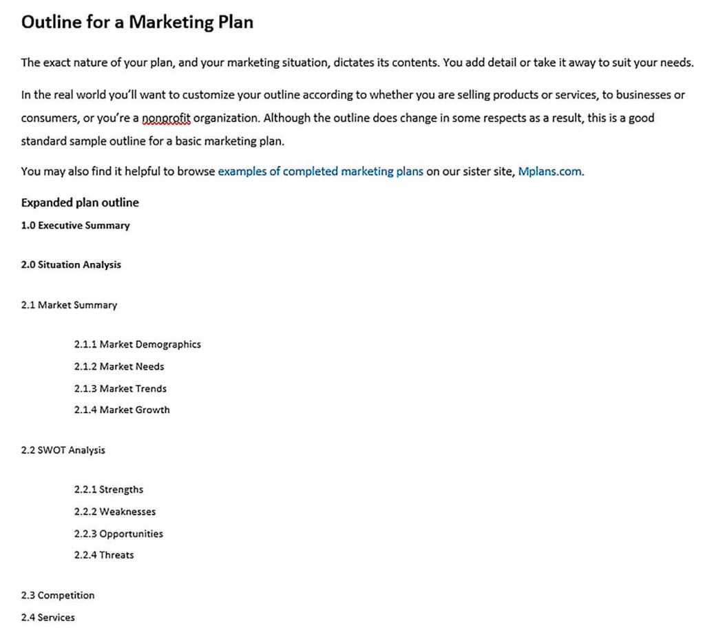 Templates Outline for a Marketing Plan Sample