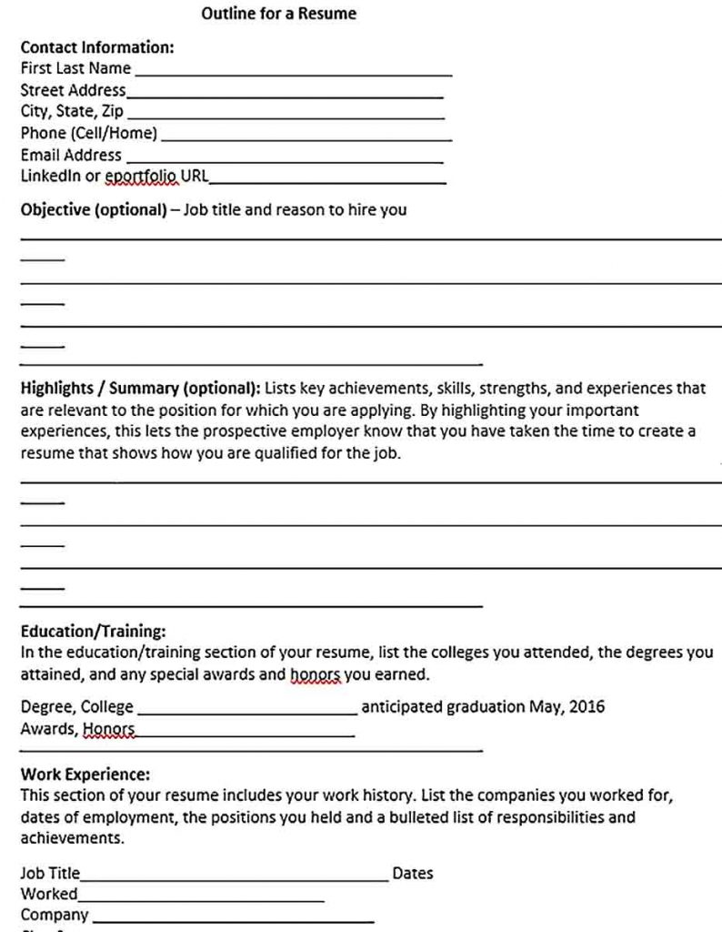 Sample Resume Outline Template - Templates Outline For A Resume Sample 794x1024 