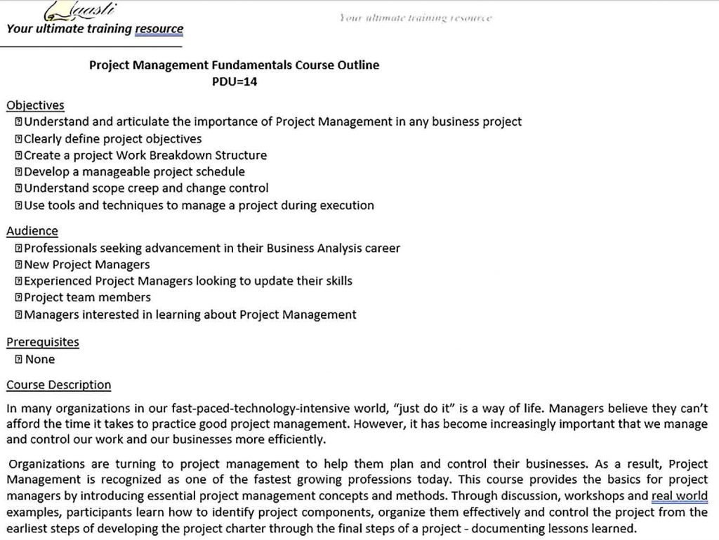 Templates Project Management Course Outline Sample