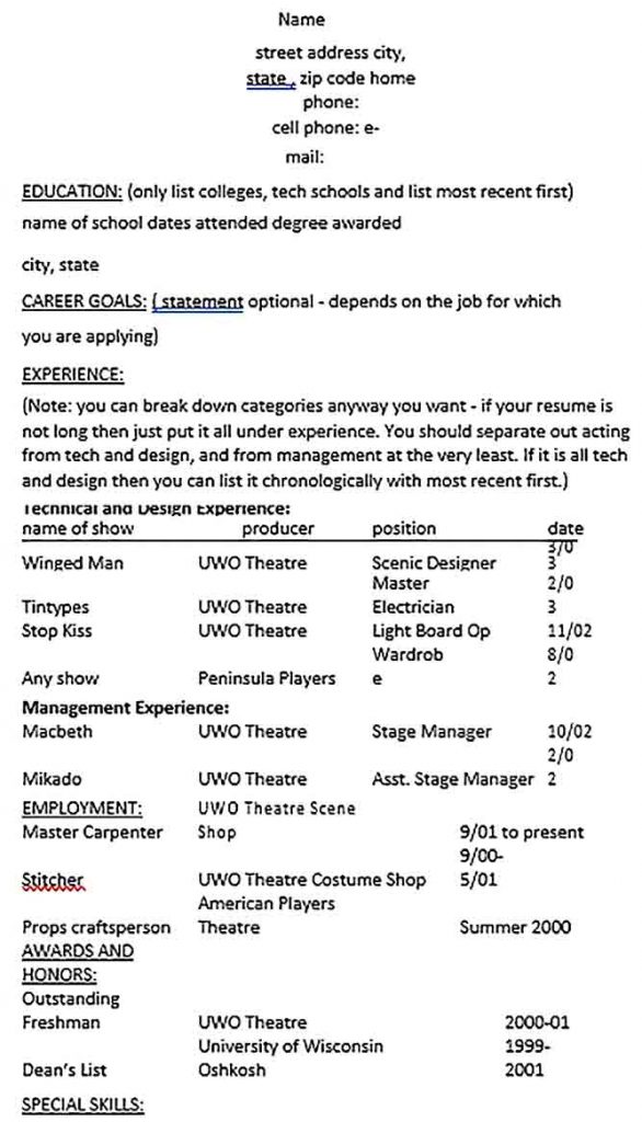 Templates Theatrical Technical Resume Outline Sample