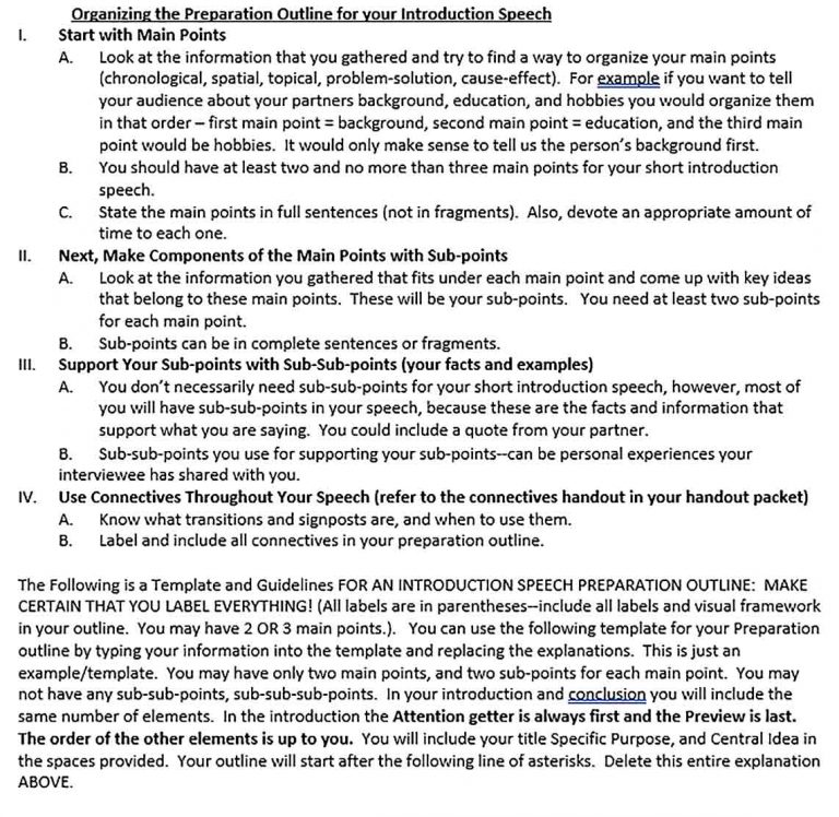 The Main Contents of Introduction Speech Outline Template room surf com