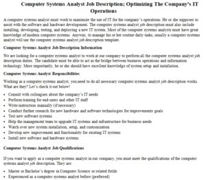 Computer Systems Analyst Job Description; Optimizing The Company’s IT ...