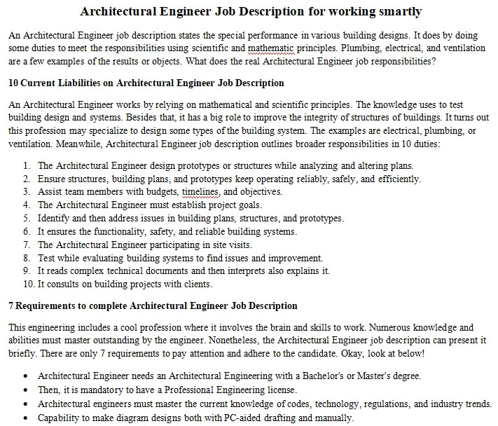 Architectural Engineer Job Description for working smartly room
