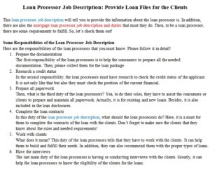 Loan Processor Job Description: Provide Loan Files For The Clients ...