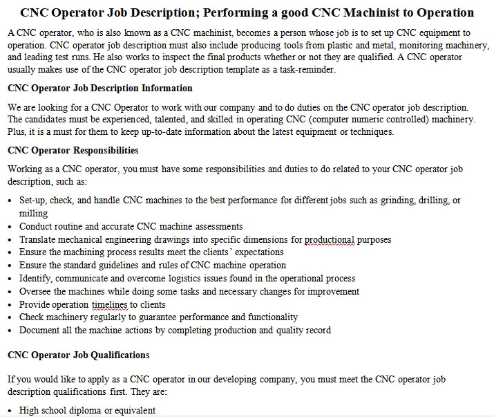 CNC Operator Job Description; Performing a good CNC Machinist to ...