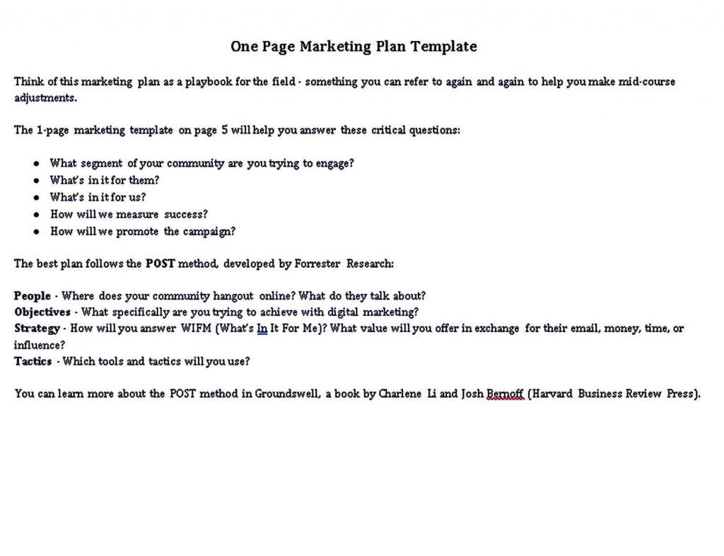 Sample One Page Marketing Plan Template Free Download