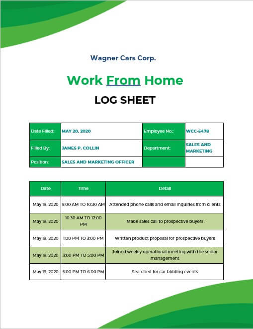 Work From Home Log Template in word design