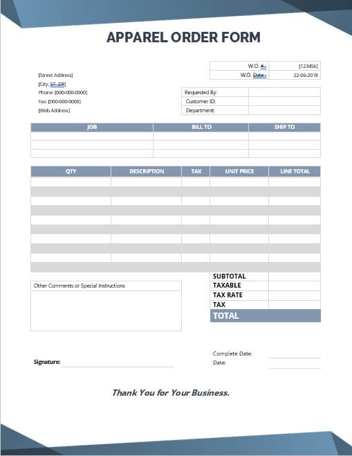 apparel order form template free word template