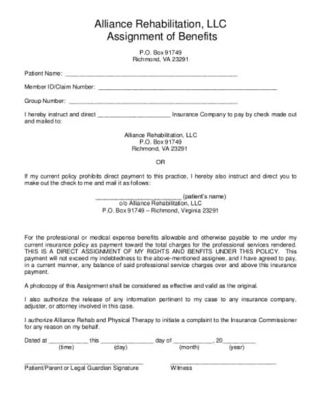 assignment of benefits form template template free