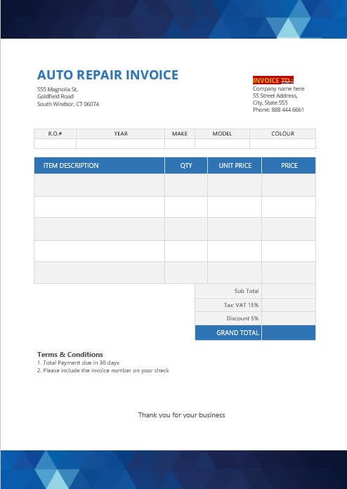 auto repair invoice template in word design