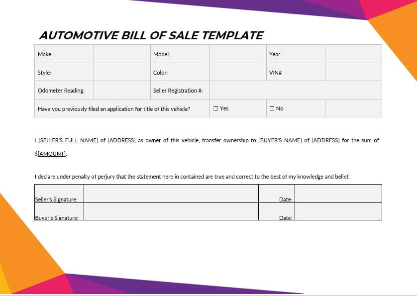 automotive bill of sale template in word free download