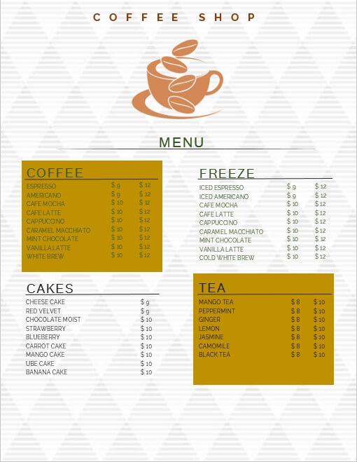 menu tabel template in word design