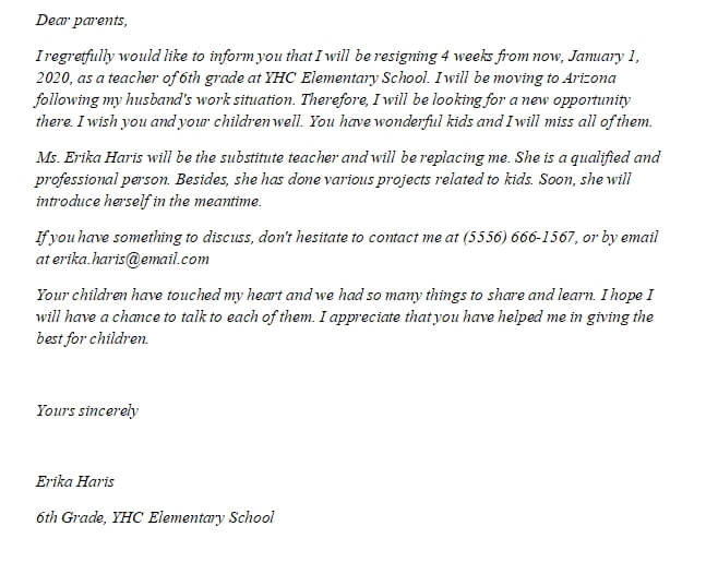 Teacher Resignation Letter to Parents and The Sample