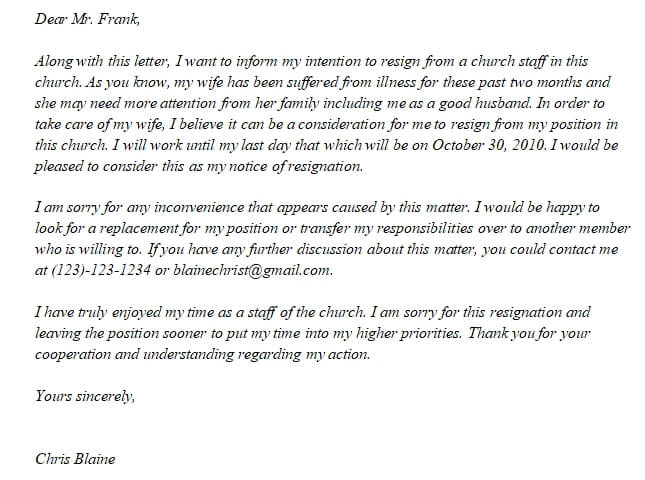 39. Resignation Letter From Church Position