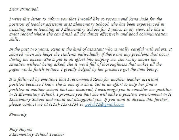44. Teacher Assistant Recommendation Letter