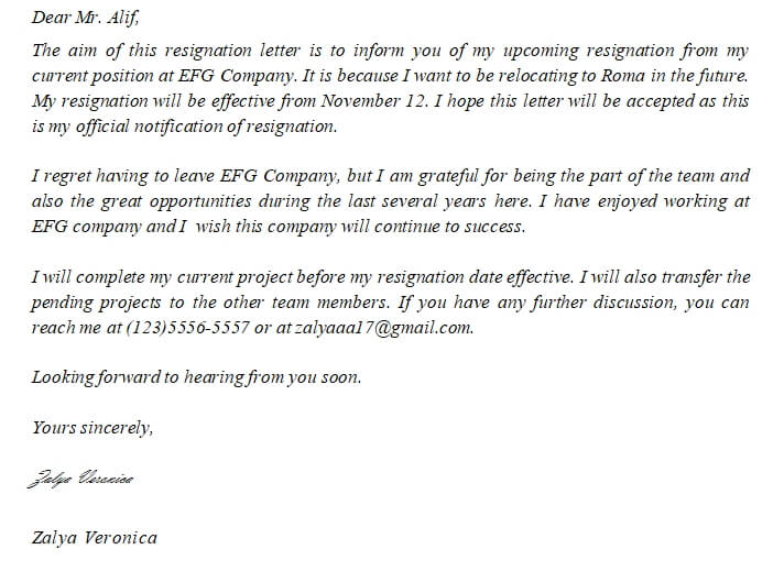 106. Resignation Letter Due to Relocation And The Sample