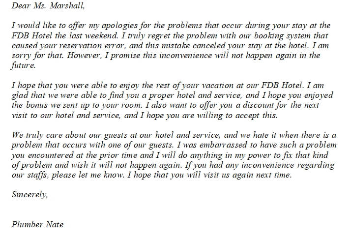 Hotel Apology Letter