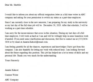 Resignation Letter From Fulltime to Part-Time And Its Sample | room ...