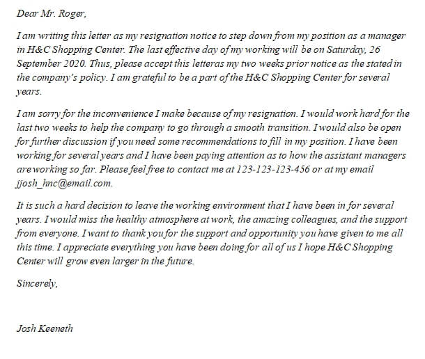 183. Voluntary Resignation Letter from Employer