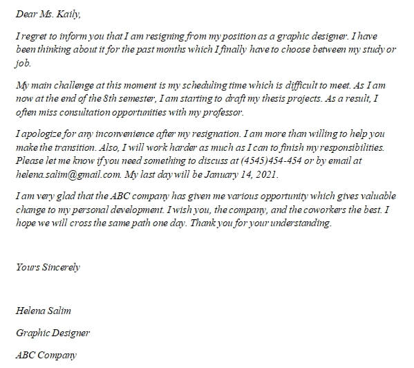 189. Resignation Letter Due to Schedule Conflict