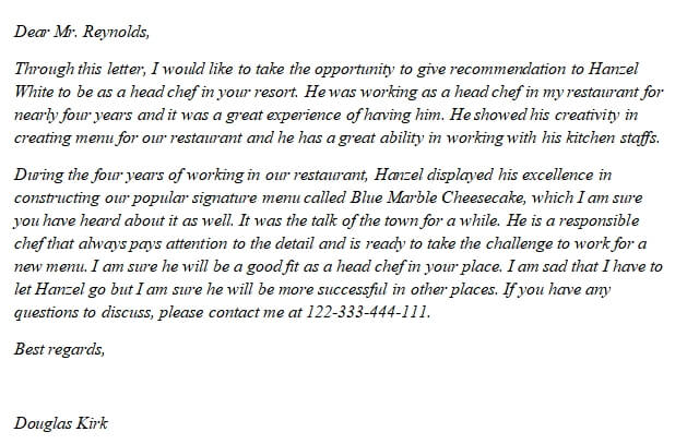 201. Chef Recommendation Letter and Sample