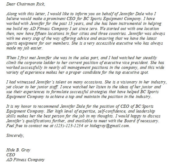 211. CEO Recommendation Letter