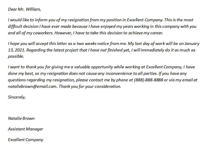 221. Two Weeks Notice Resignation Letter