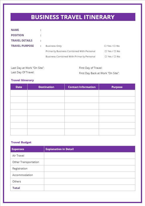 business travel itinerary template example word design