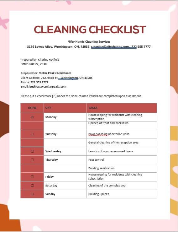 cleaning checklist template free word template
