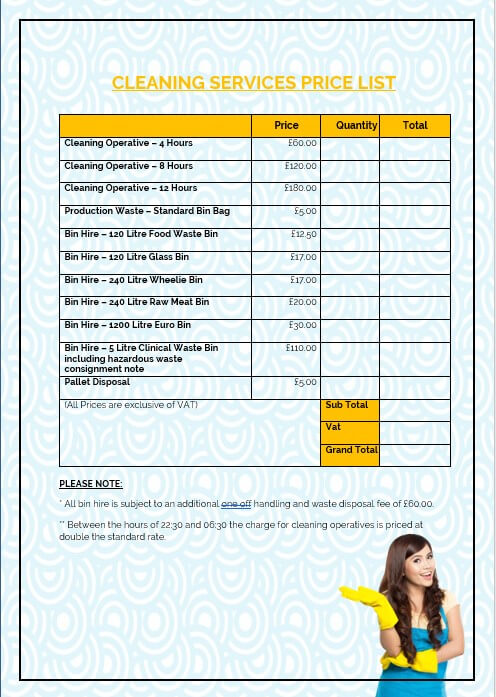cleaning services price list template free template