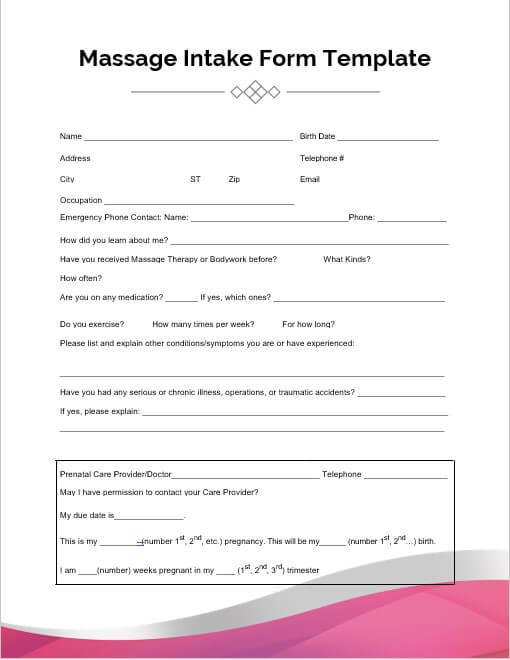 massage intake form template example word design 1